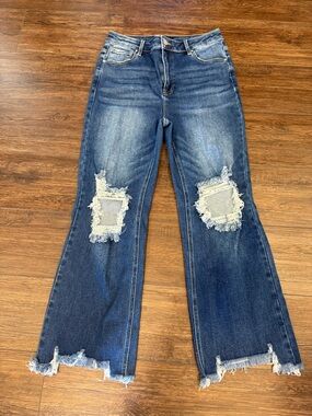 Wild Oak Boutique X RISEN Women's Dark Blue Distressed Wide-Leg Jeans